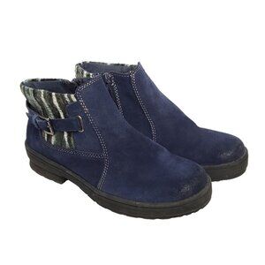 Earth Origins Tate Suede Ankle Boots 7.5 W Navy Blue Stripe Yarn Water Repellant